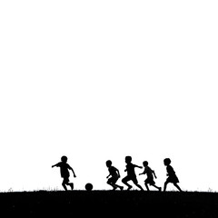 Children silhouettes playing on grass at sunset in summer nature setting