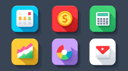 Vector Icon Set of Business and Data Analysis Symbols in Modern Flat Style with Bright Colors