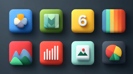 Modern Flat Vector Icon Set with Colorful Geometric Symbols for Data Analytics and Business Applications