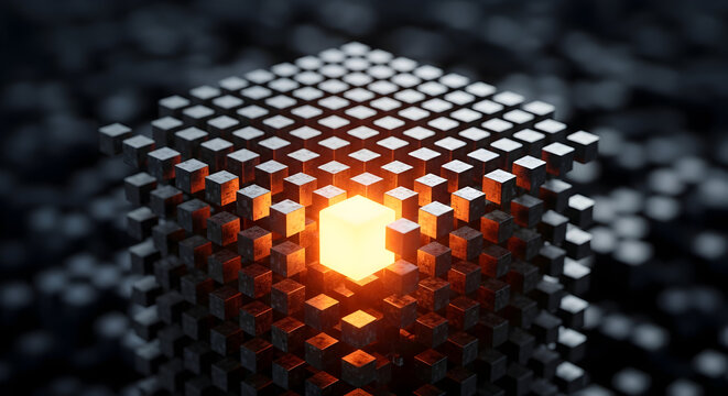 Glowing core cube symbolizes innovation, data, and breakthrough ideas