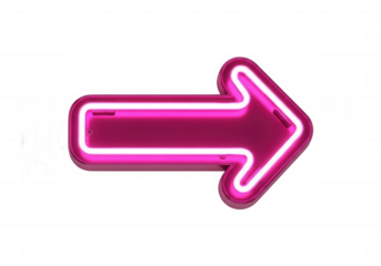 Pink neon arrow pointing right isolated on a transparent background
