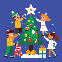 People decorating the tree with toys, balls, gingerbread, and garland. Vector flat cartoon illustration isolated on a blue background for the Christmas cards

