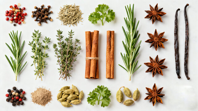 Assorted herbs and spices in artistic arrangement, celebrating natural flavors and culinary diversity