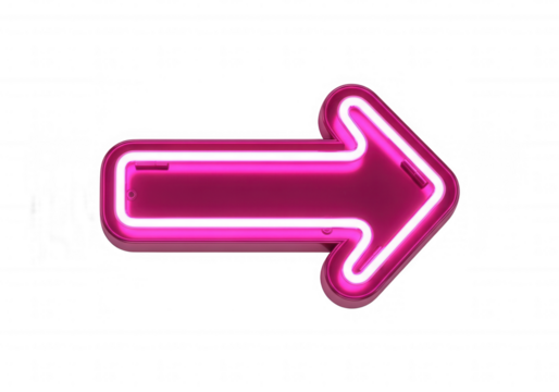 Pink neon arrow pointing right isolated on a transparent background