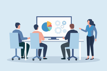 Fototapeta premium Business team meeting discussing pie chart and gears on computer screen in a modern office