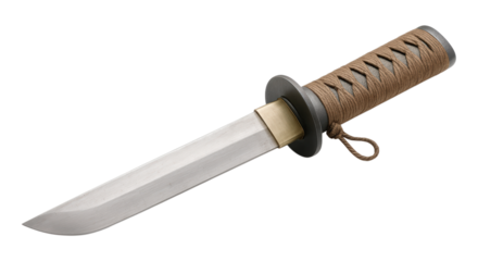 A sharp Japanese Tanto knife with a traditional cord-wrapped handle and a classic round tsuba handguard, Isolated on Transparent and White Background