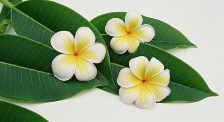 Three White and Yellow Plumeria Flowers Resting on Vibrant Green Leaves with Soft Lighting