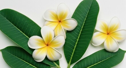 Three White Frangipani Flowers with Green Leaves Against White Background