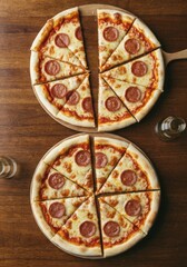 Top View Of Two Round Pepperoni Pizzas Cut Into Slices On A Dark Wooden Table