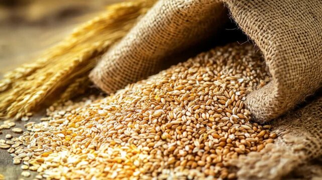 Wheat grains spilling from burlap sack on rustic surface close up