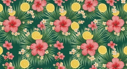 Tropical Floral Seamless Pattern with Pink Hibiscus Flowers Green Palm Leaves and Yellow Lemon Slices on Dark Teal Background