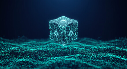 Abstract digital cube floating over a textured surface with particles and futuristic design