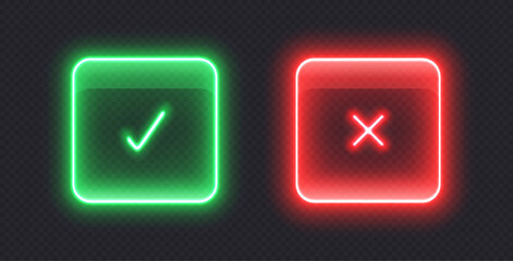 Neon checkmark icons, glowing check buttons, glossy glass signs. Tick and cross symbols to select correct or wrong options from the list. Vector illustration. © Likanaris