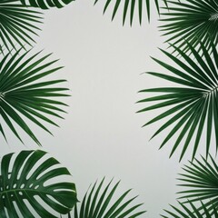 Tropical Green Palm Fronds Bordering White Textured Background with Soft Natural Light