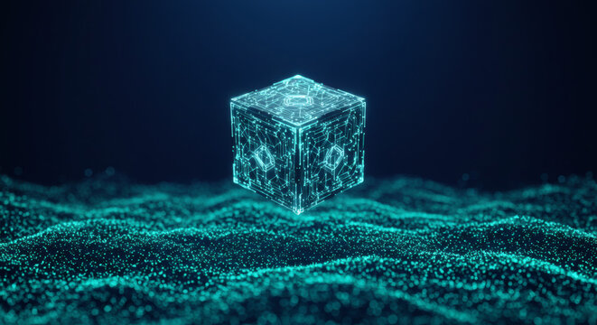 Abstract digital cube floating over a textured surface with particles and futuristic design