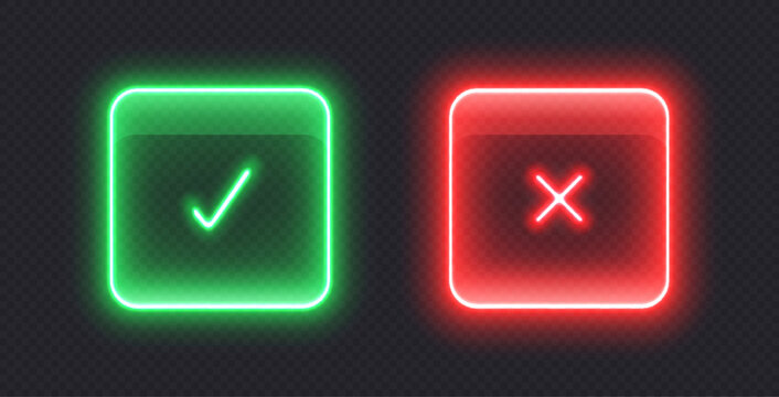 Neon checkmark icons, glowing check buttons, glossy glass signs. Tick and cross symbols to select correct or wrong options from the list. Vector illustration.