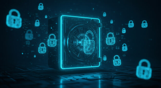 Digital lock and safe security concept with multiple glowing padlock icons and a central vault illustration on a dark background, representing data protection and cybersecurity