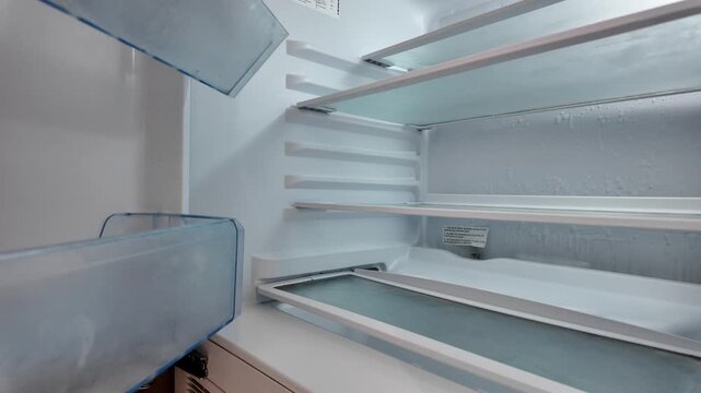 Empty refrigerator looks ready for restocking grocery items