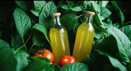 Two Glass Bottles With Yellow Liquid Surrounded By Green Leaves And Two Red Tomatoes In Natural Lighting