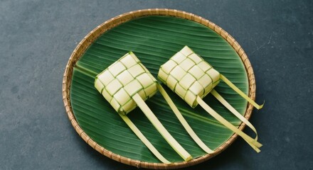 Two Diamond Shaped Ketupats Handcrafted From Green Palm Leaves on a Banana Leaf Lined Woven Tray Overhead View