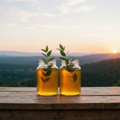 Two glass jars filled with golden liquid and green leaves sit on a wooden table during a scenic sunset over rolling hills