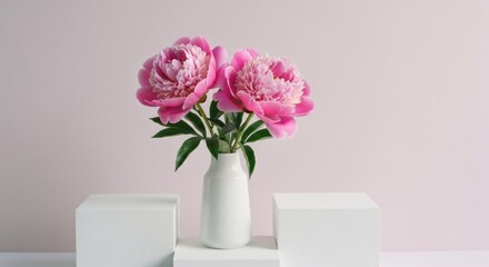 Two Large Pink Peony Flowers in a White Vase on a White Pedestal with Pink Background