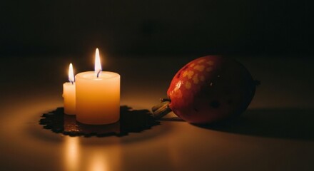 Two lit candles and a passion fruit on a surface in low light conditions