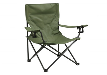 Green folding chair with cup holder isolated on a transparent background