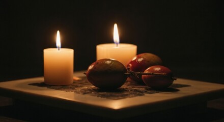 Two lit white candles and three red fruits on a marble plate in dark mood lighting
