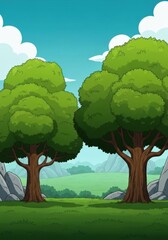 Two Lush Green Pixel Art Trees Stand Tall In A Grassy Field With Mountains In The Background Under A Blue Sky