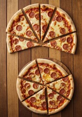 Two Pepperoni Pizzas Sliced On A Rustic Wooden Table Top View