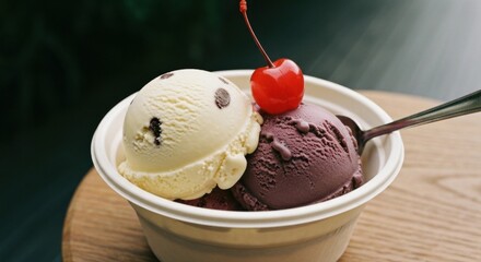 Two Scoops Of Ice Cream Vanilla With Chocolate Chips And Cherry On Top In A Bowl