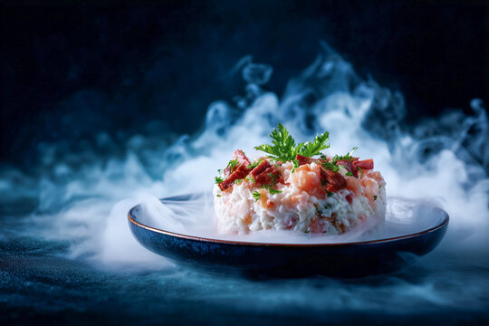 Elegant seafood salad presentation with delicate herbs and smoked salmon in a dreamy fog, a culinary masterpiece perfect for fine dining menus and upscale food photography
