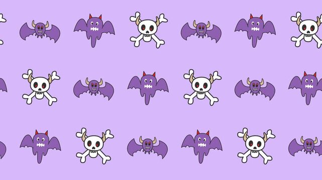 Seamless pattern of cartoon bat for halloween celebration in background animation. Repeat wallpaper with a whimsical skull and crossbones icon. Fun fantasy and light horror graphic decoration.