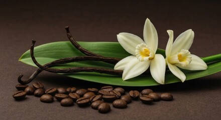 Two Vanilla Orchids with Beans and Coffee Beans on a Dark Brown Background