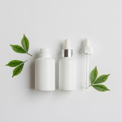 Two White Cosmetic Bottles with Droppers and Green Leaves on White Background Minimalist Product Photography