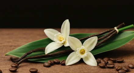 Vanilla Beans And Flowers With Coffee Beans On Wooden Surface