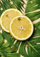 Two Sliced Yellow Lemons with Gold Stars on Green Tropical Leaves Background