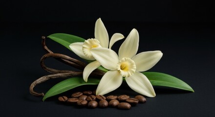 Vanilla Beans Orchid Flowers And Coffee Beans Still Life Black Background Studio Lighting