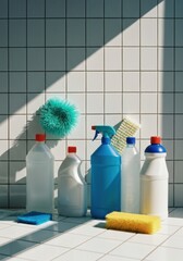 Various Cleaning Supplies Lined Up Against White Tiled Wall With Sunlight Shadows