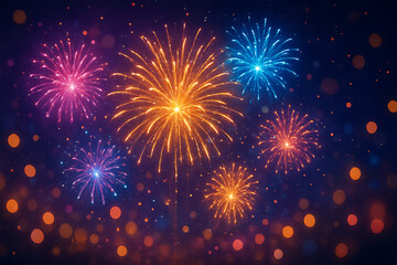 Naklejka premium Fireworks Colorful Festive Celebration Event Background, Modern 3D Cartoon Illustration Style for Holiday Greeting, Party Design, Decorative Banner and Seasonal Artwork