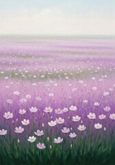 Vast Field Of Delicate White And Purple Flowers Under A Soft Blue Sky With Hazy Horizon