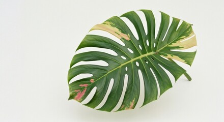 Variegated Monstera Leaf With Green White Pink And Yellow Splashes On White Background