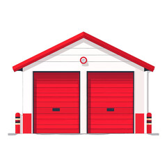 Red and White Two Door Garage Building Isolated on White Background Minimalist Style Vector Illustration