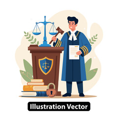 Justice System Judge with Gavel, Scales, and Books Depicting Law and Order