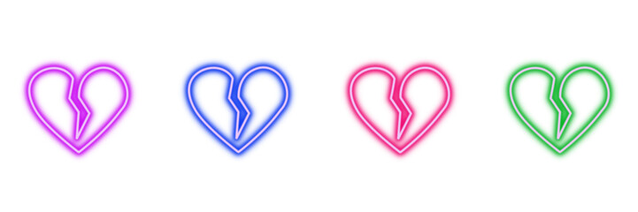 Neon glowing broken heart vector icons set, love, breakup, sadness, emotion, disappointment, vibrant colorful digital illustration on transparent background.
