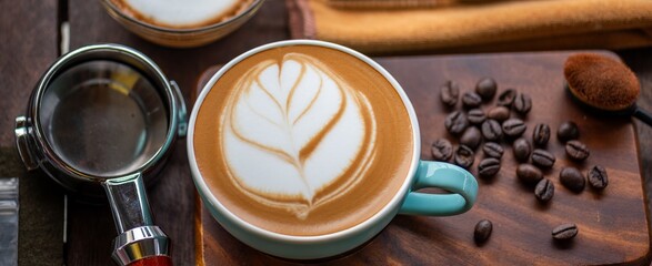 Barista Tools: Latte Art Setup with Portafilter, Milk Jug, and Espresso Cups on Wooden Table Latte Art Training: Workshop Setting with Milk Pouring Jug, Coffee Cups, and Barista Tools