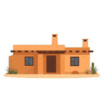 Adobe House with Flat Design Style Featuring Brown Tone Facade Two Chimneys and Cactus Accent in Desert Landscape on White Background