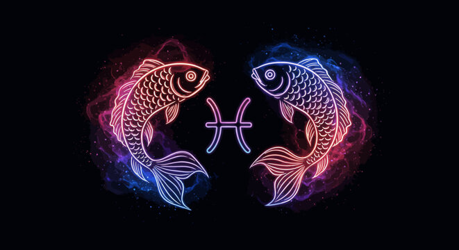Neon Pisces Zodiac Sign with Two Fish and Cosmic Background.