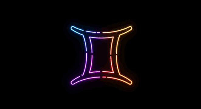 Gemini Zodiac Sign in Vibrant Neon Colors on Black Background.